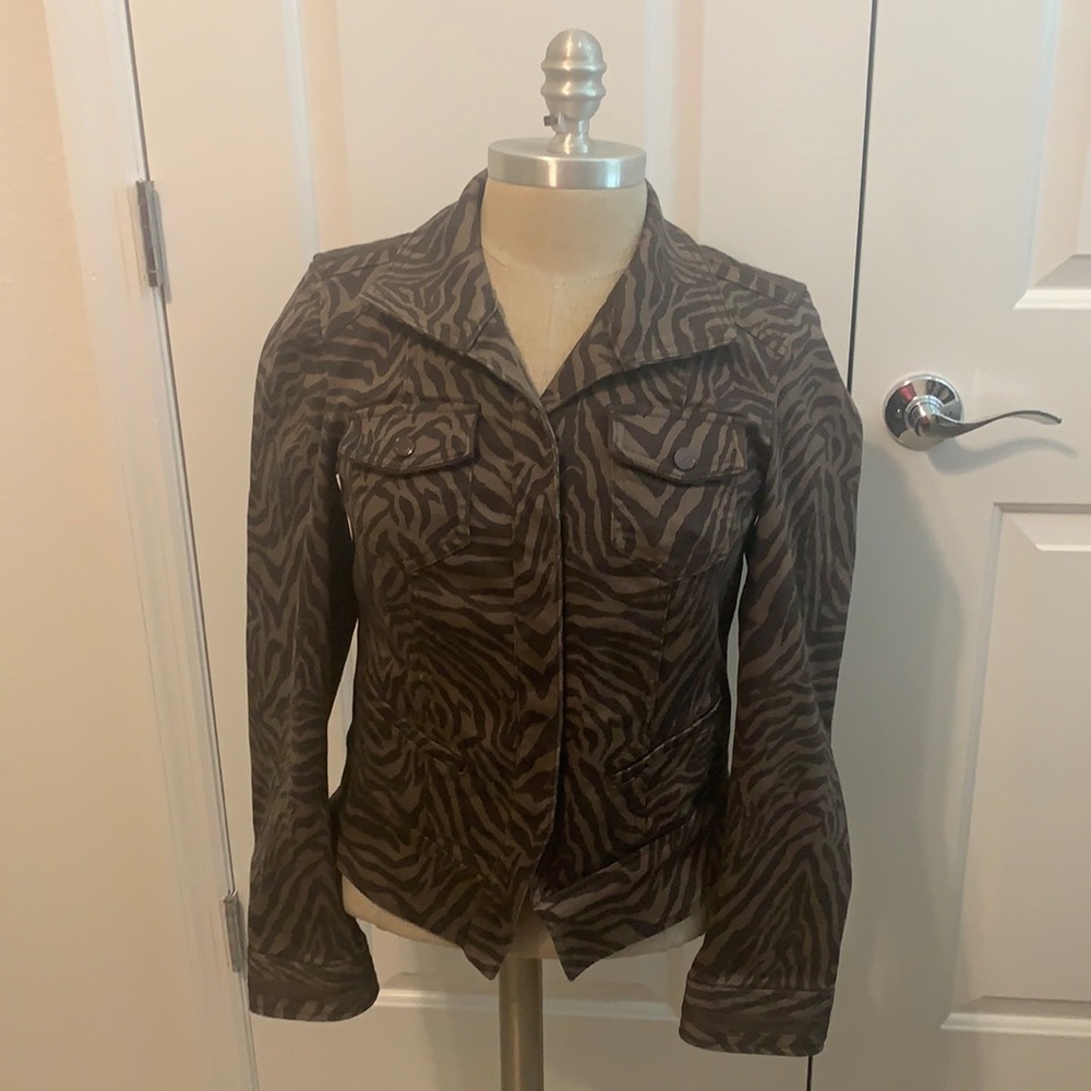 WHBM BROWN ZEBRA ANIMAL PRINT SNAP JACKET FALL EVERYDAY CAREER SZ 4 NWOT